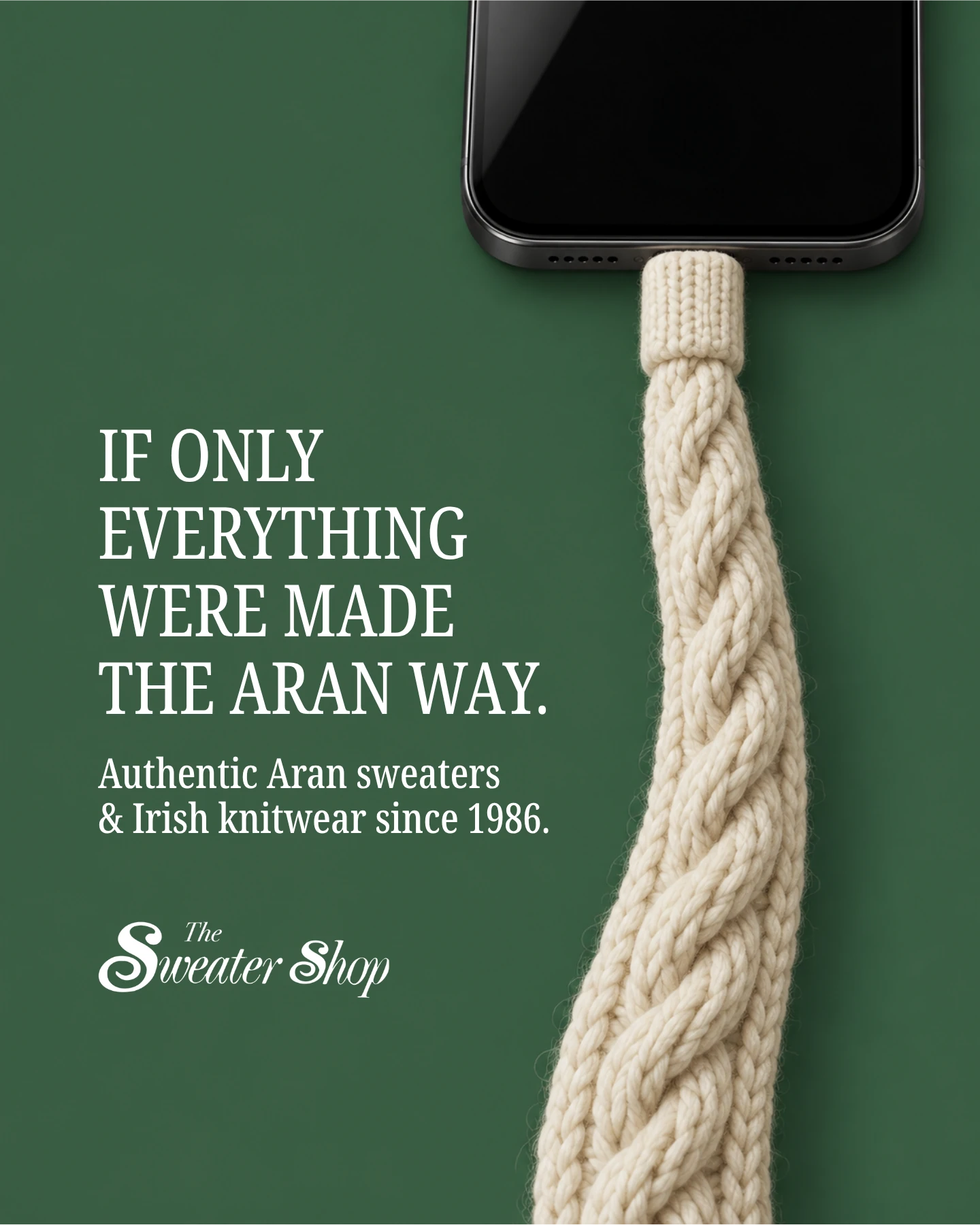 The Sweater Shop ad: a charging cable made from oversized Aran knit